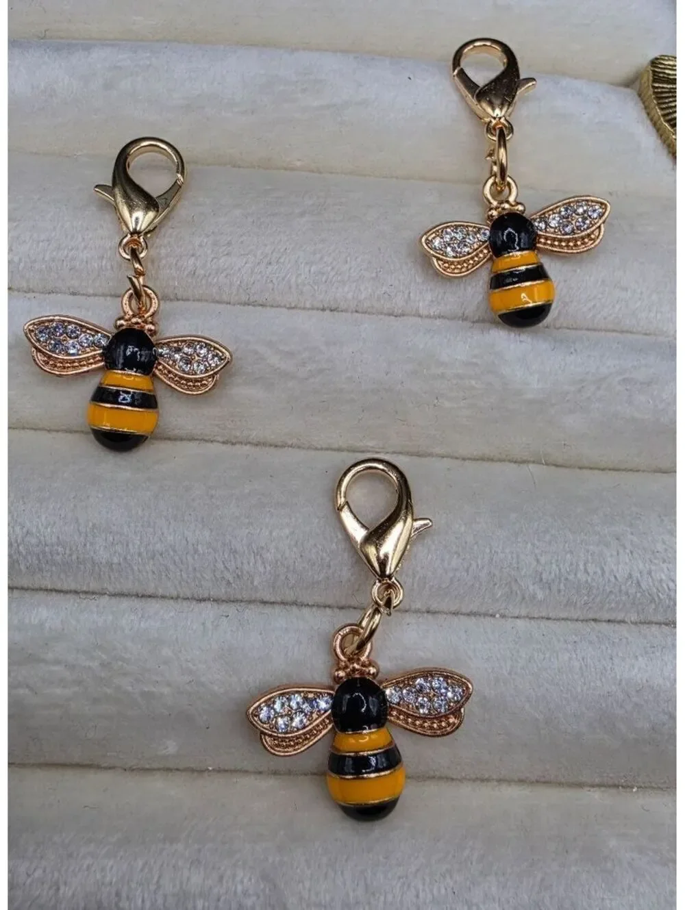 Three Gold Tone Bee Charms with Rhinestone Wings